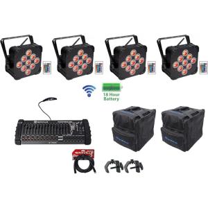 imageRockville Best PAR 60 Bundle 4 Rechargeable Par Can Lights with Wireless DMX RGBWAUV 2 RLB40 Bags 2 LC70 C Clamps ROCKFORCE DMX Controller RDX3M25 Cable 10Items