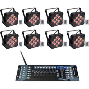 imageRockville Best PAR 60 Bundle 8 Rechargeable Par Can Wash Lights with Wireless DMX RGBWA ROCKFORCE W2 192 Channel Wireless 24GHz DMX Lighting Controller 9Items