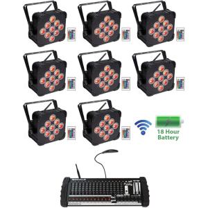 imageRockville Best PAR 60 Bundle 8 Rechargeable Par Can Wash Lights with Wireless DMX RGBWA ROCKFORCE W4 384 Channel Wireless DMX Lighting Controller with MIDI 9Items