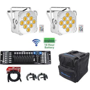 imageRockville Best PAR 60 White Bundle 2 RGBWAUV Battery Powered Wireless DMX Wash Par Lights RLB40 Travel Bag LC70 Mounting Clamps ROCKFORCE 192Channel DMX Controller RDX3M25 DMX Cable 7Items