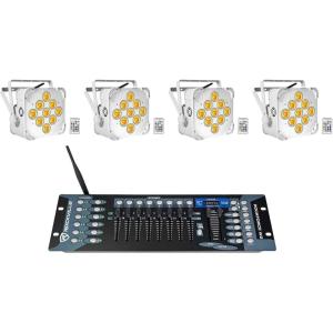 imageRockville Best PAR 60 White Bundle 4 RGBWA UV Battery Powered Wireless DMX Wash Par Lights ROCKFORCE W2 192 Channel 24Ghz Lighting Controller 5Items