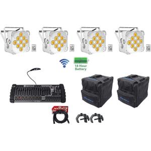 imageRockville Best PAR 60 White Bundle 4 RGBWA UV Battery Wireless DMX Wash Par Lights 2 RLB40 Travel Bags 2 LC70 C Clamps ROCKFORCE 384 DMX Controller RDX3M25 3 Pin Cable 10Items
