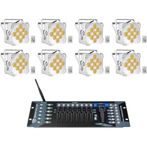 imageRockville Best PAR 60 White Bundle 8 Battery Powered RGBWA UV LED Wash Par Lights ROCKFORCE W2 192 Channel Wireless DMX Lighting Controller Rechargeable Remote Included 9Items