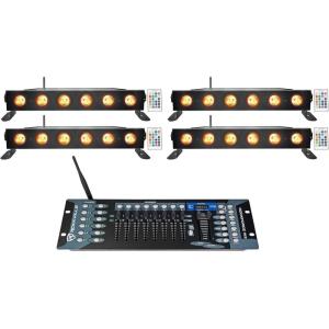 imageRockville Best Strip 60 Bundle 4 Rechargeable LED Wash Light Bars with Wireless DMX ROCKFORCE W2 192 Channel 24GHz Lighting Controller RGBWA and UV Sound Modes 5Items