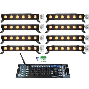 imageRockville Best Strip 60 Bundle 8 Black Rechargeable Wash Light Bars ROCKFORCE W2 192 Channel Wireless DMX Lighting Controller 9 Items