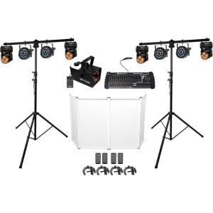 imageRockville RockOn7 Bundle 4 40Watt Moving Heads 4 RockPAR50 LED Pars 2 RVLS1 10 ft Stands ROCKFORCE 384 DMX Controller RFAAW Facade R1200L Fog Machine 4 LC70 Clamps 17Items