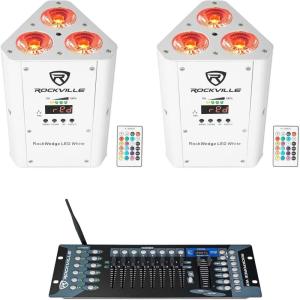 imageRockville RockWedge LED Bundle 2 RGBWAUV 54W Battery Powered Wireless DMX Par Wash Lights in White with Sound and Auto Modes ROCKFORCE W2 192 Channel 24GHz DMX Lighting Controller 3Items