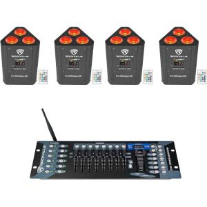 imageRockville RockWedge LED Bundle 4 54W RGBWAUV Battery Powered Wireless DMX Par Lights with Remotes Sound and Auto Modes ROCKFORCE W2 192 Channel 24GHz DMX Lighting Controller 5Items
