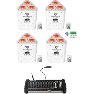 imageRockville RockWedge LED Bundle 4 RGBWA and UV Rechargeable Wireless DMX Par Wash UpLights ROCKFORCE W4 384 Channel Lighting Controller with MIDI White 5Items
