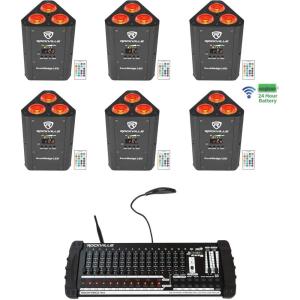 imageRockville RockWedge LED Bundle 6 54Watt RGBWA UV Rechargeable Battery Wireless DMX Par Lights ROCKFORCE W4 384Channel Lighting Controller with MIDI 7Items