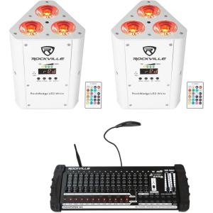 imageRockville RockWedge LED Bundle Pair RGBWAUV Rechargeable Wireless DMX White Par UpLights with IRC Remote 30 Degree Beam Angle ROCKFORCE W4 384 Channel Wireless DMX Lighting Controller 3Items