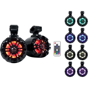image:imageRockville WB50KLS Pair Black 525 250W Stainless Steel Marine Wakeboard Tower Speakers 360 Swivel Mount wLED Lights Waterproof for Boats amp ATVs