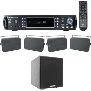 image:imageRockville Bundle RPA60BT V2 1000W 2Ch USB Home Theater Bluetooth Receiver Bundle Rock Shaker Subwoofer Sub amp 2 HP65S8 Black 65 IndoorOutdoor Swivel Home Theater Speakers 4 Items