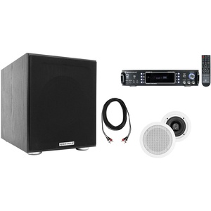 image:imageRockville HC55 Bundle 2 White 525 300Watt White inCeiling Speakers Rock Shaker 8 400Watt Powered Subwoofer RPA60BT V2 1000W 2Ch Karaoke Amplifier Mixer RCDR25B Dual RCA Cable 5Items