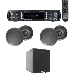image:imageRockville HC85 Bundle 4 Black 8 in 700Watt inCeiling Home Theater Speakers 8Ohm Rock Shaker 8 in 400Watt Powered Subwoofer RPA60BT V2 1000Watt 2Ch USB Bluetooth Amplifier Mixer 6Items
