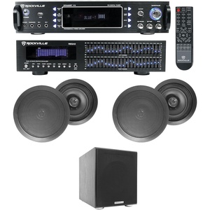 image:imageRockville HC85 Bundle 4 Black 8 in 700Watt inCeiling Speakers Rock Shaker 8 in 400W Powered Subwoofer RPA60BT V2 1000Watt 2Ch USB Bluetooth Amplifier REQ42B Dual 21Band Equalizer 7Items