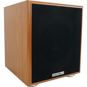 image:imageRockville Rock Shaker 65 Wood Powered Home Theater Subwoofer Compact  200W Peak100W RMS Class D Amp MDF Enclosure RCA and High Level InputsOutputs Rear Firing Port Phase Switch CrossoverClassic Wood