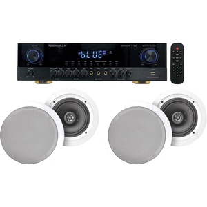 image:imageRockville SINGMIX 5 V2 Home Audio Amp with 4 White HC85 Ceiling Speakers  2000W Peak  600W RMS Bluetooth USBSDFM OpticalCoaxialRCA 5 Mic Inputs 4 White 8 8Ohm Speakers 5Items